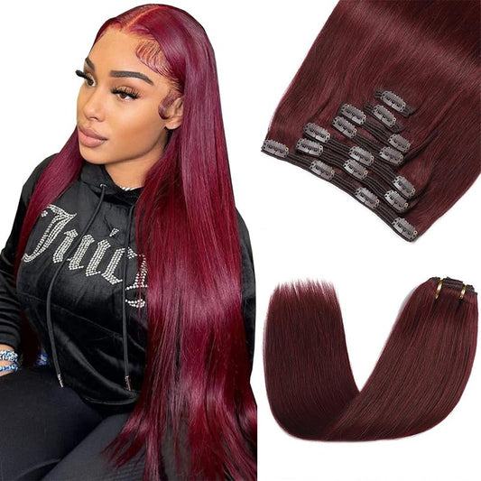 Wine Red Clip in Hair Extensions Real Human Hair, 14 Inch 120g/7Pcs,Full Shine Remy Hair,#99J Burgundy Straight Clip ins Brazilian Virgin Human Hair Extensions