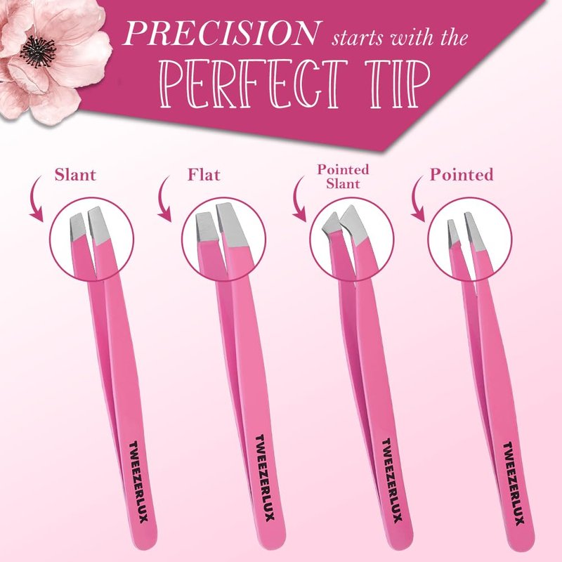 TWEEZERLUX Tweezers Set - Professional Stainless Steel Tweezers for Eyebrows - Great Precision for Facial Hair, Splinter and Ingrown Hair Removal (PINK)