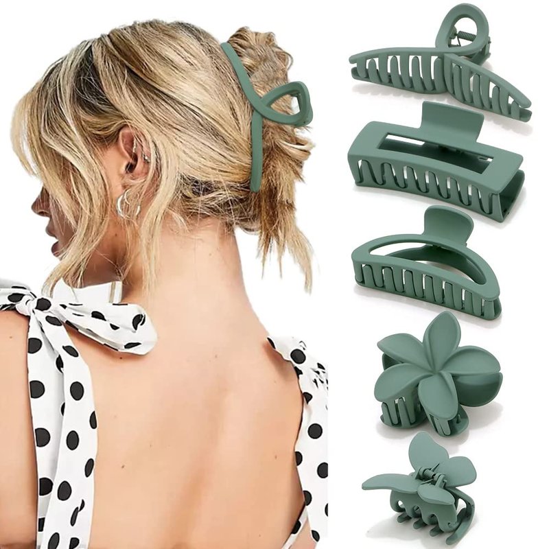 Ahoney 5 Pack Large Claw Hair Clips: Thick Hair Butterfly Flower Banana Clamps, Strong Hold Non-Slip Hair Accessories for Women (Green)