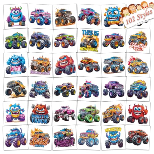 102 Pcs Kids Monster Truck Temporary Tattoos Waterproof & Easy to Apply