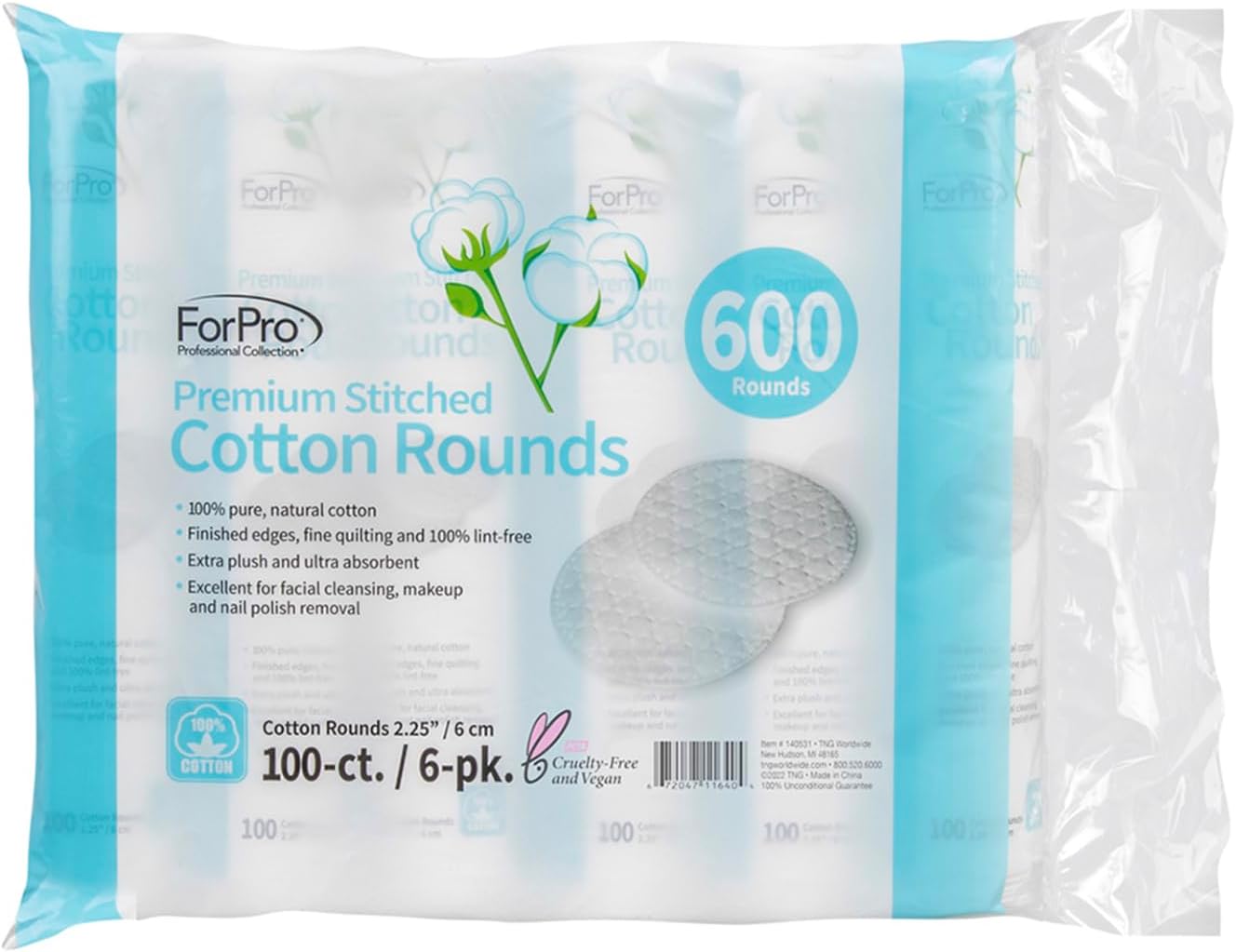 ForPro Premium Cotton Rounds - 100% Pure Stitched Cotton Pads for Makeup Removal | Pack of 6 (600 Count)