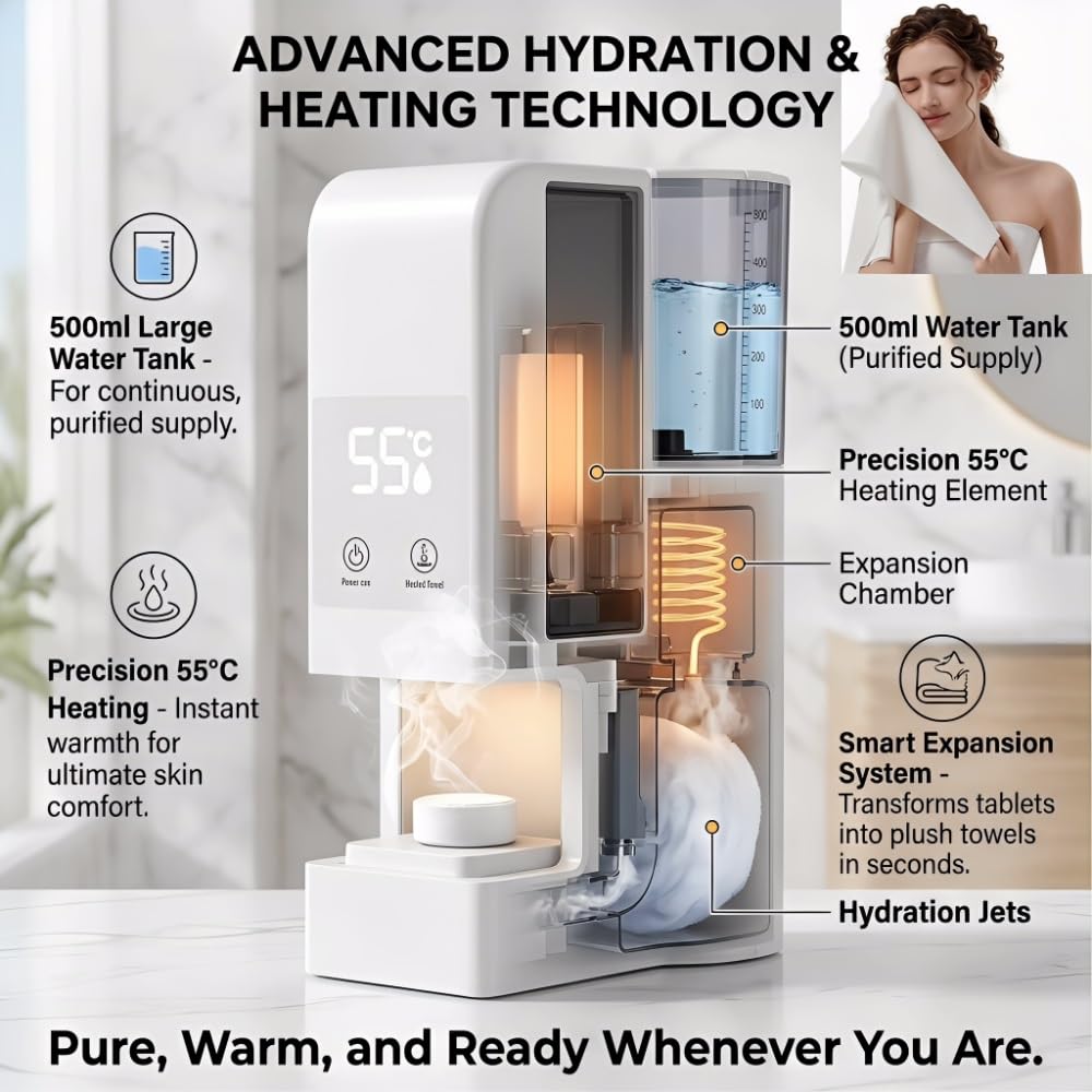 Hot Face Towel Dispenser, 5-Second Heating,55°C Constant Temp,Automatic Disposable Hot Towel Dispenser for Spa, Salon,Hotel, Bathroom(40Pcs Towels)