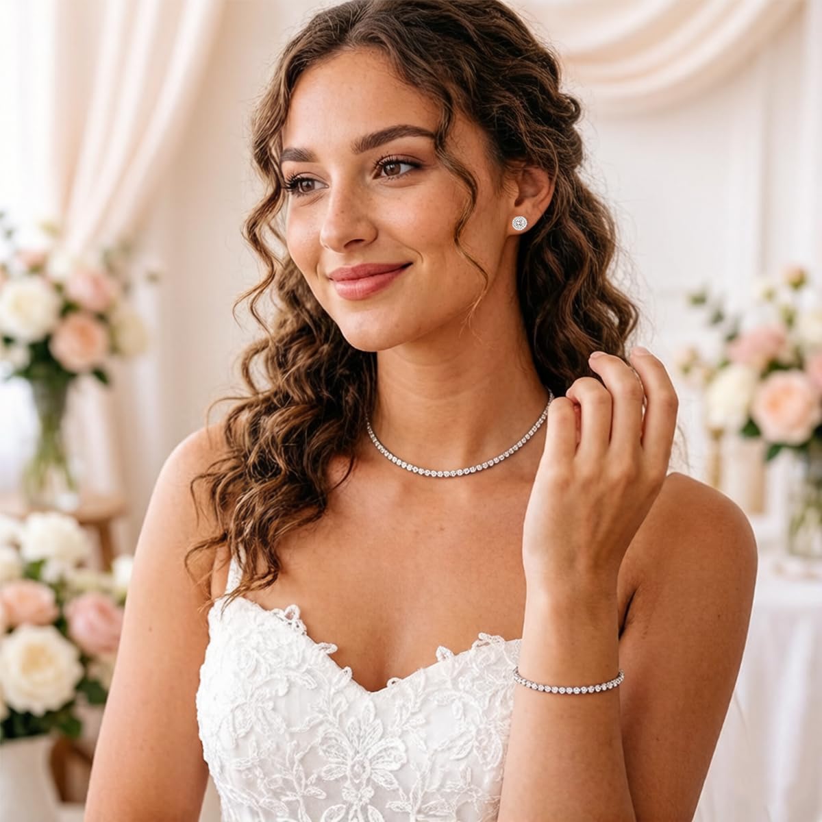 JNUIEU Silver Tennis Necklace and Bracelet Set for Women Wedding Jewelry Sets for Brides Earrings Prom Bridesmaid Jewelry (Silver01)