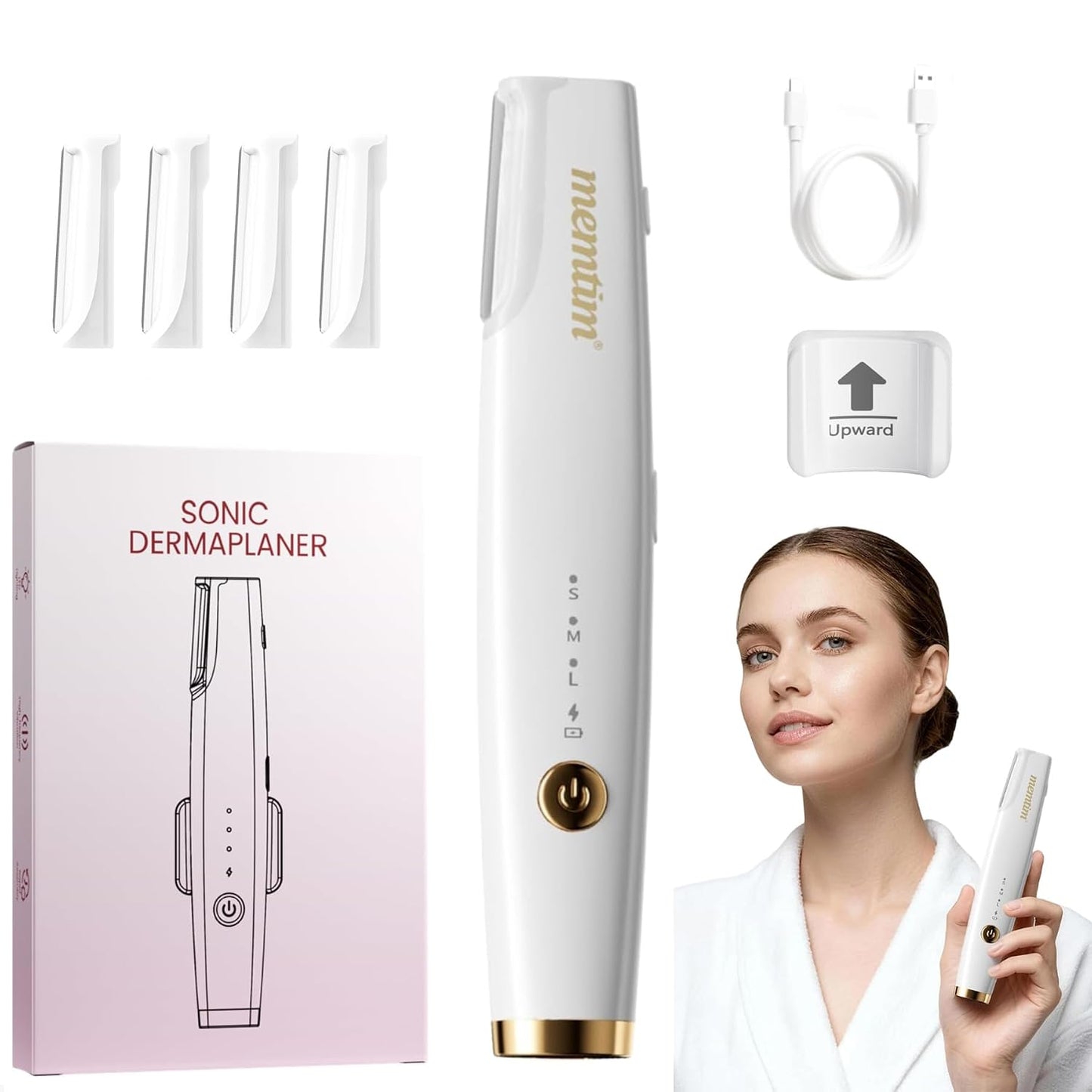 Sonic Dermaplane Facial Hair Remover - Rechargeable Face Razor with LED Light & 4 Blades | Gold