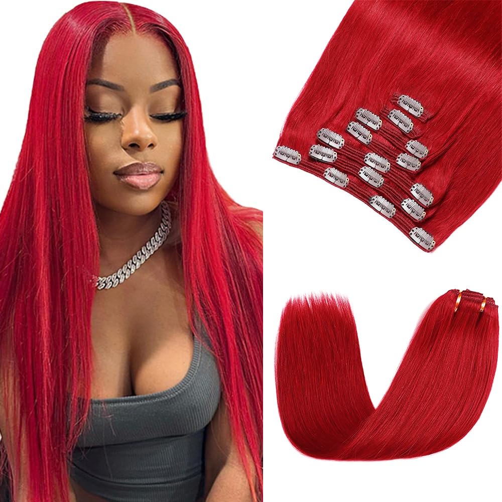 Red Clip in Hair Extensions Real Human Hair,26 Inch 120g/7Pcs,Full Shine Bright Red Hair,Wine Red Straight Clip ins Brazilian Virgin Human Hair Extensions