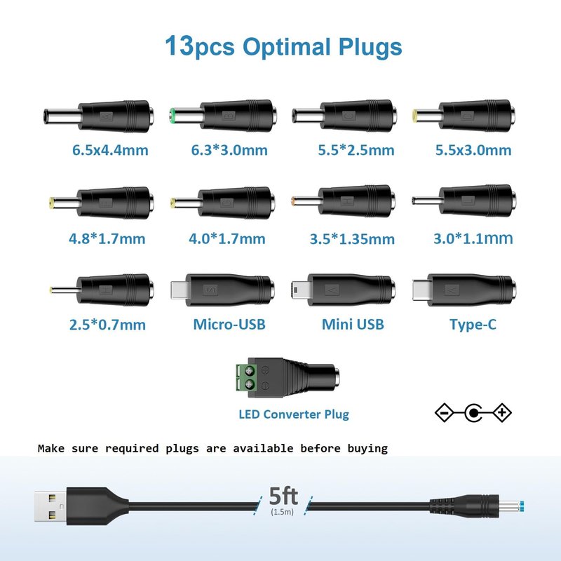 Powseed 5V Universal DC Power Cable, USB to DC Charging Cord with 13pcs Adapter Plugs for Webcam Router, Recorder, Bluetooth Speaker, Scanner, DVR, Hard Disk Box, USB-HUB etc.