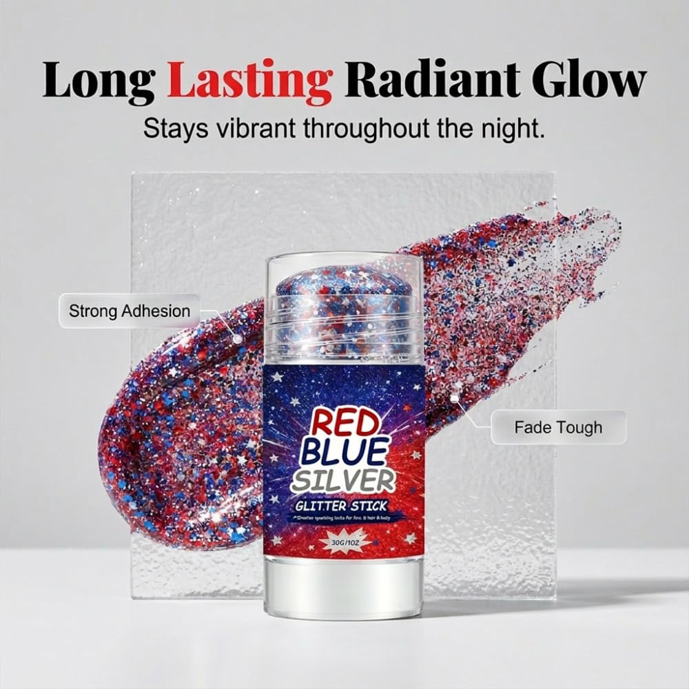 4th of July Glitter Stick, 2026 New Patriotic Hair Face Body Glitter Stick for Independence Memorial Day, Red White and Blue Body Glitter Stick Fourth of July Accessories Outfits for Women (A*1 PCS)