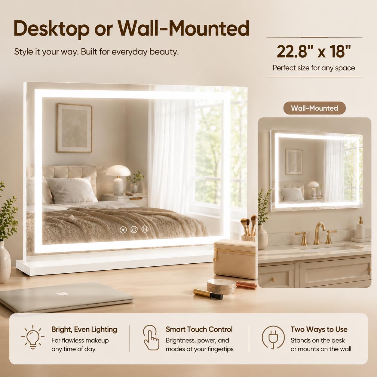 Lighted Vanity Mirror - 22.8"x18" Dimmable LED Makeup Mirror with 10X Magnification | Smart Touch Control, White