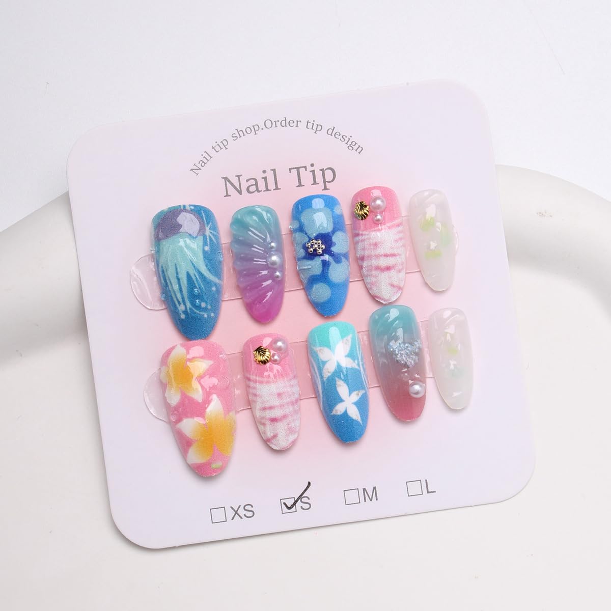 30Pcs Summer Beach Press On Nails - Medium Almond Shaped 3D Jellyfish & Flower Design | Reusable Pink & Blue Acrylics