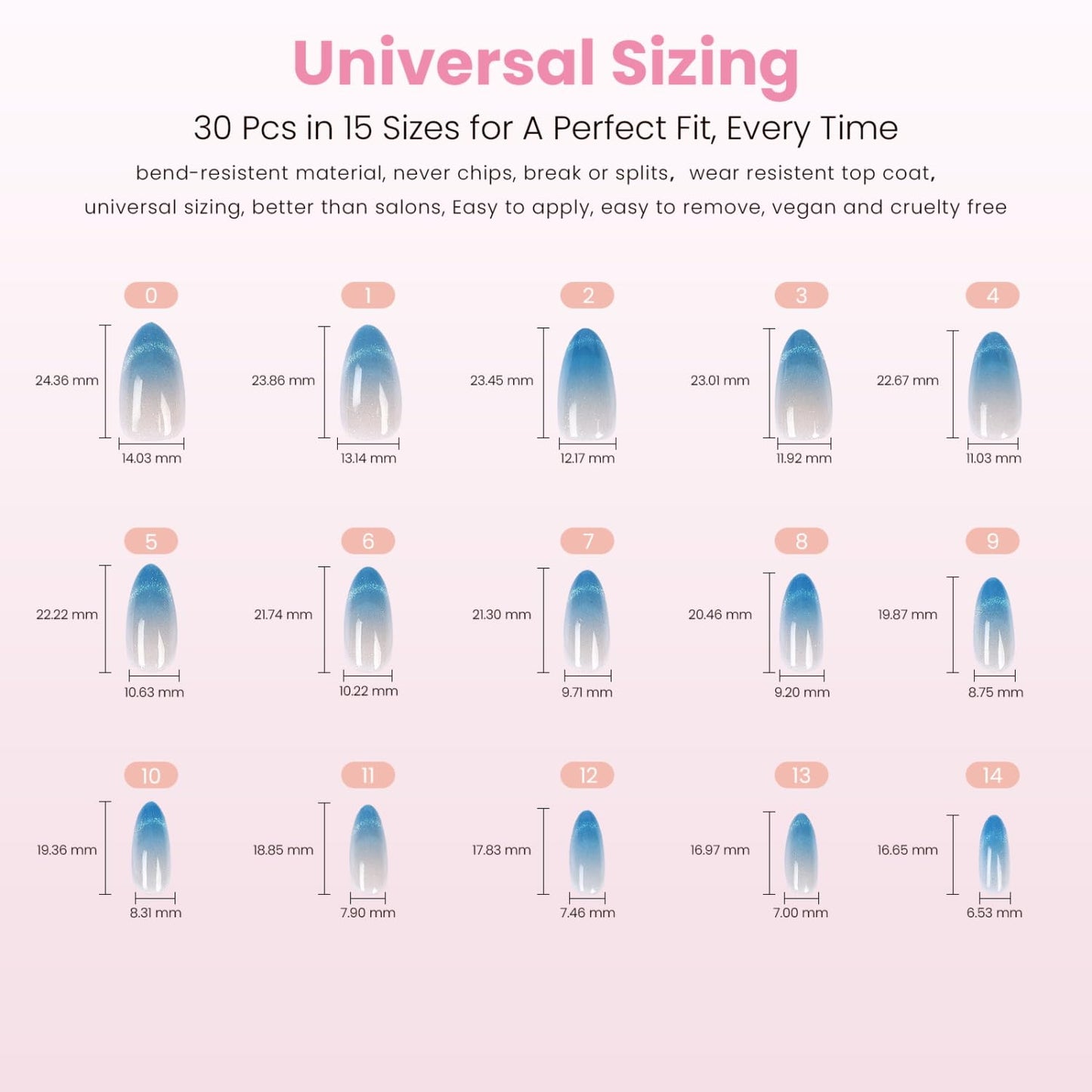 Ombre Blue Velvet Shimmer Press-On Nails | Medium Almond Glitter French Tips - 30 Nail Kit with Glue, Reusable in 15 Sizes