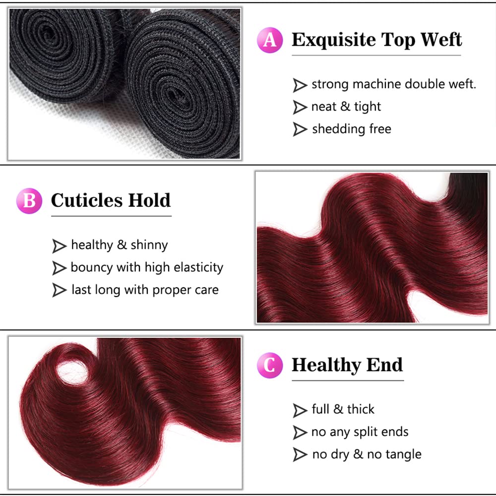 Ombre Body Wave Bundles Human Hair 99j Bundle 26 28 30 Inch 8A Grade Brazilian Virgin Hair 3 Bundles/150g Burgundy Body Wave Bundles Hair Weave