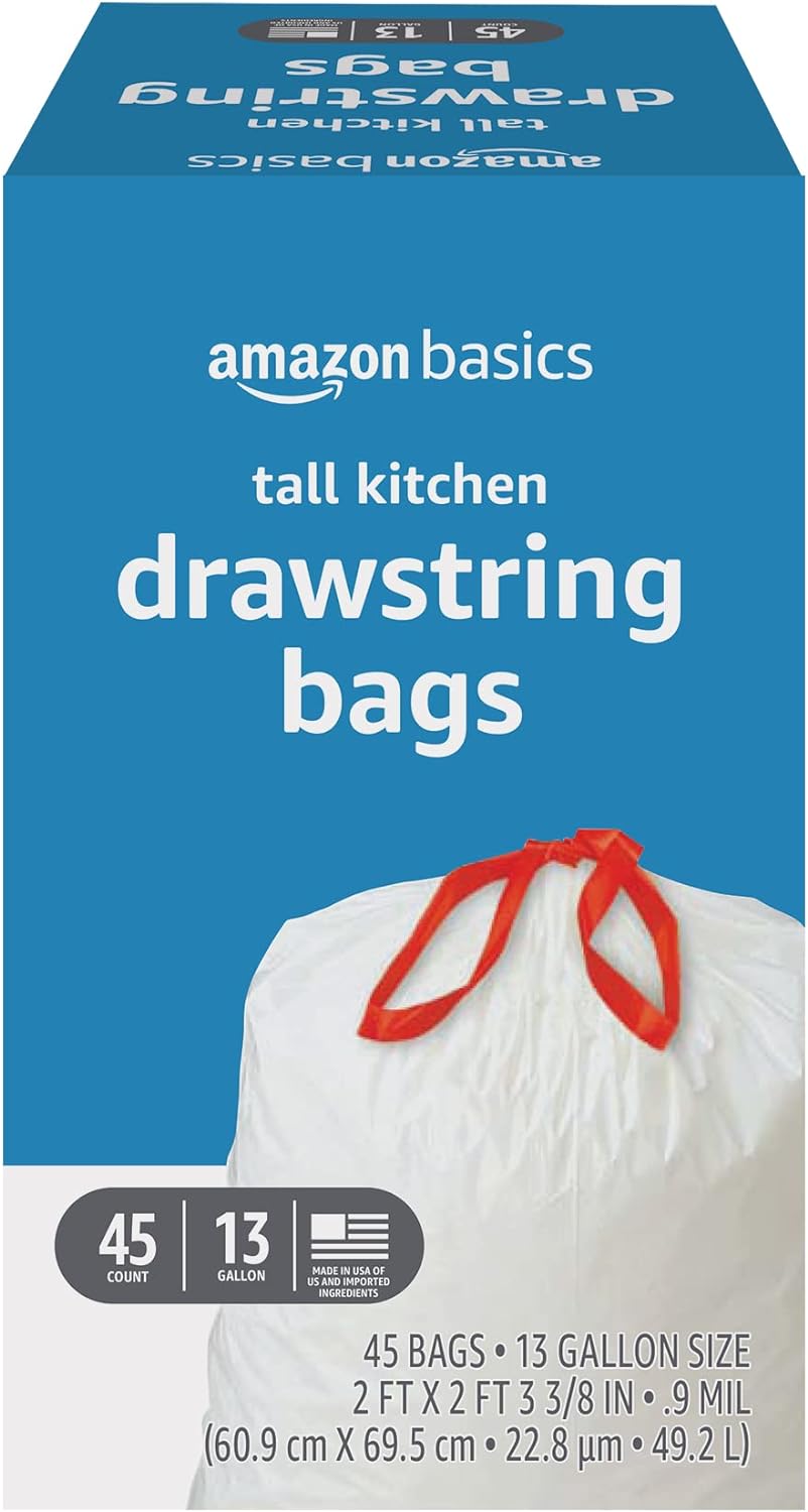 Tall Kitchen Drawstring Trash Bags - Sturdy & Tear Resistant | 13 Gallon, Unscented, 120 Count
