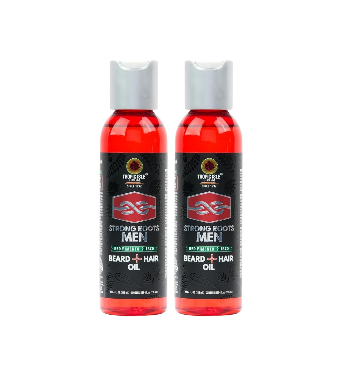 Tropic Isle Living Mens Beard Oil – 2x Strong Roots MenBeard + HairOil 4 oz Bundle with Red Pimento, Shea Butter, and JBCO – Moisturizing, Softening, and Shine for Beard and Hair – Gift Set (2 Items)