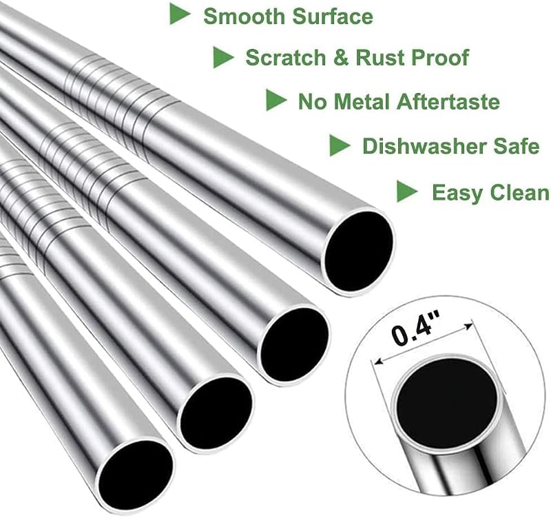Vinaco 4 Pack Reusable Stainless Steel Smoothie Straws - 0.4" Wide, 10.5" Length