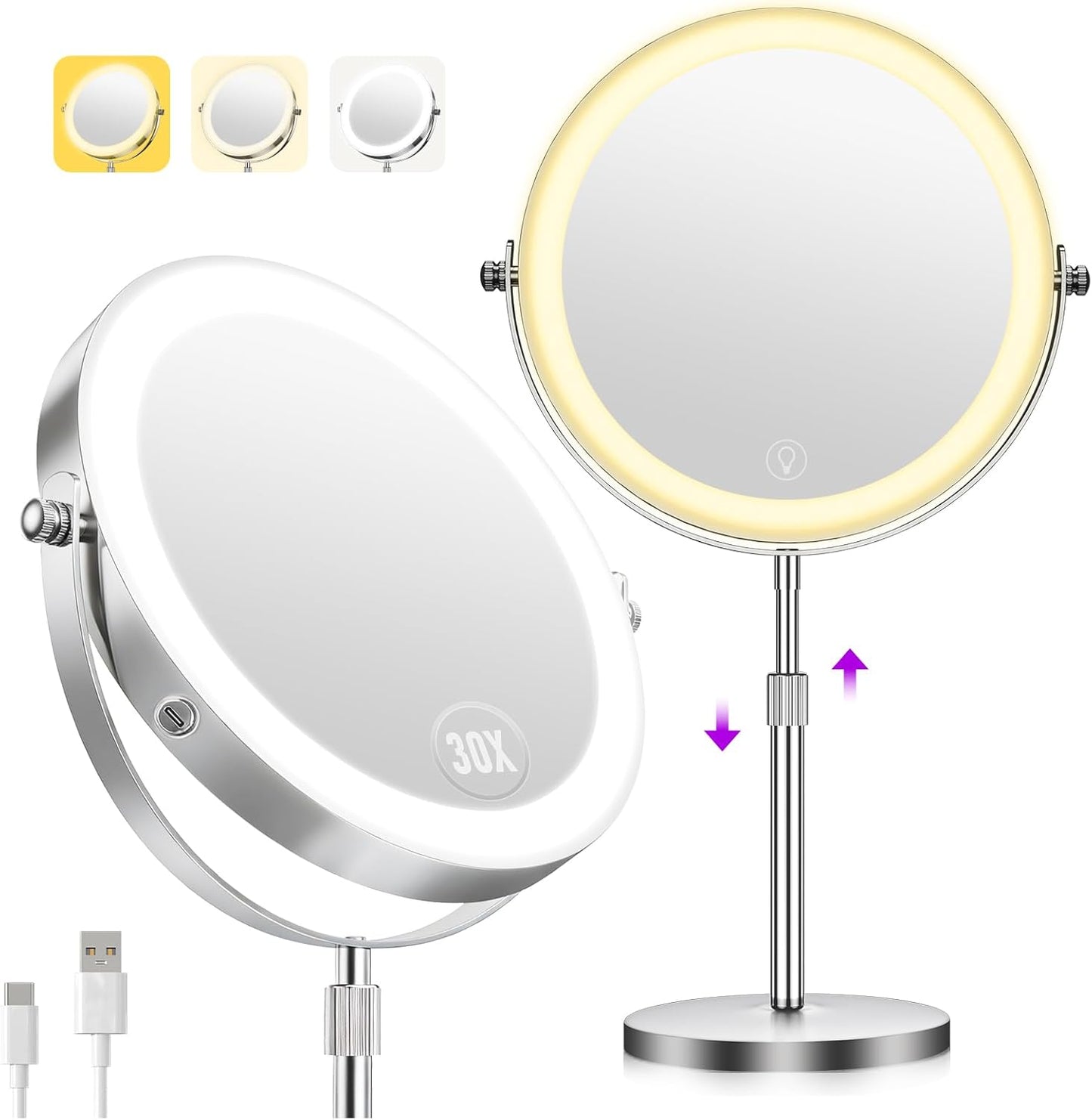 Makeup Mirror with Lights - 1X/30X Double-Sided Magnifying | Brightness Adjustable, 360° Rotation, Ideal Gift for Women