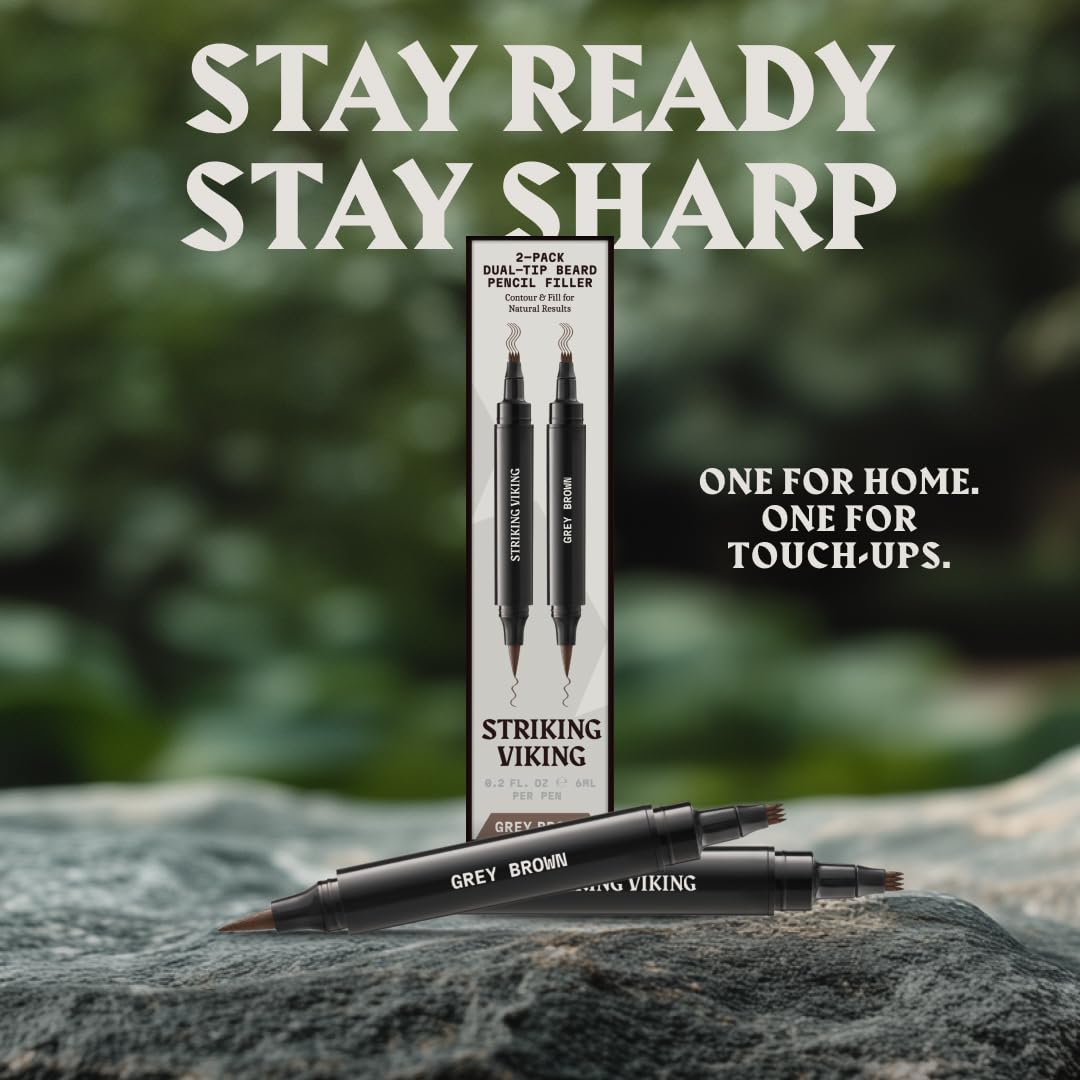 Striking Viking Beard Pencil Filler For Men - Grey Brown, 2 Pens Pack - Temporary Beard Dye - Waterproof Sweatproof Long Wear Beard Filler Pen for Touchups & Gap Contouring - Enhances Facial Hair