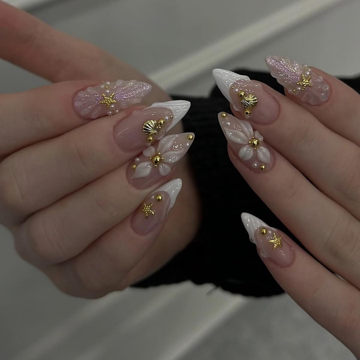 French Tip Almond Press-On Nails - Cat's Eye Acrylic with 3D Charms | 24 Pcs Set
