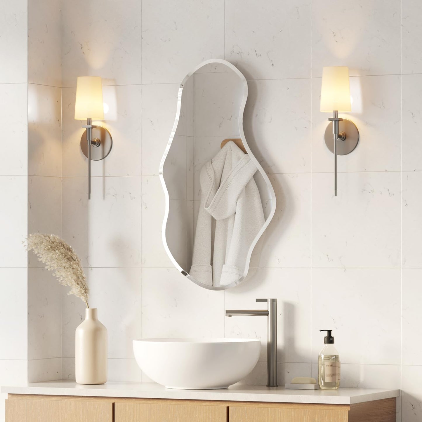 USHOWER Irregular Mirror 20x36 Inch, Frameless Asymmetrical Mirror