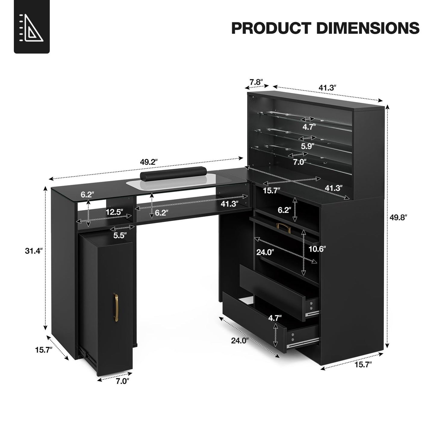 Paddie Manicure Table with LED Light, L-Shaped Glass Top Nail Tech Table w/2 Storage Shelves, Upwards Cabinet Door, Corner Nail Station w/3 Drawers & Wrist Cushion(Black)