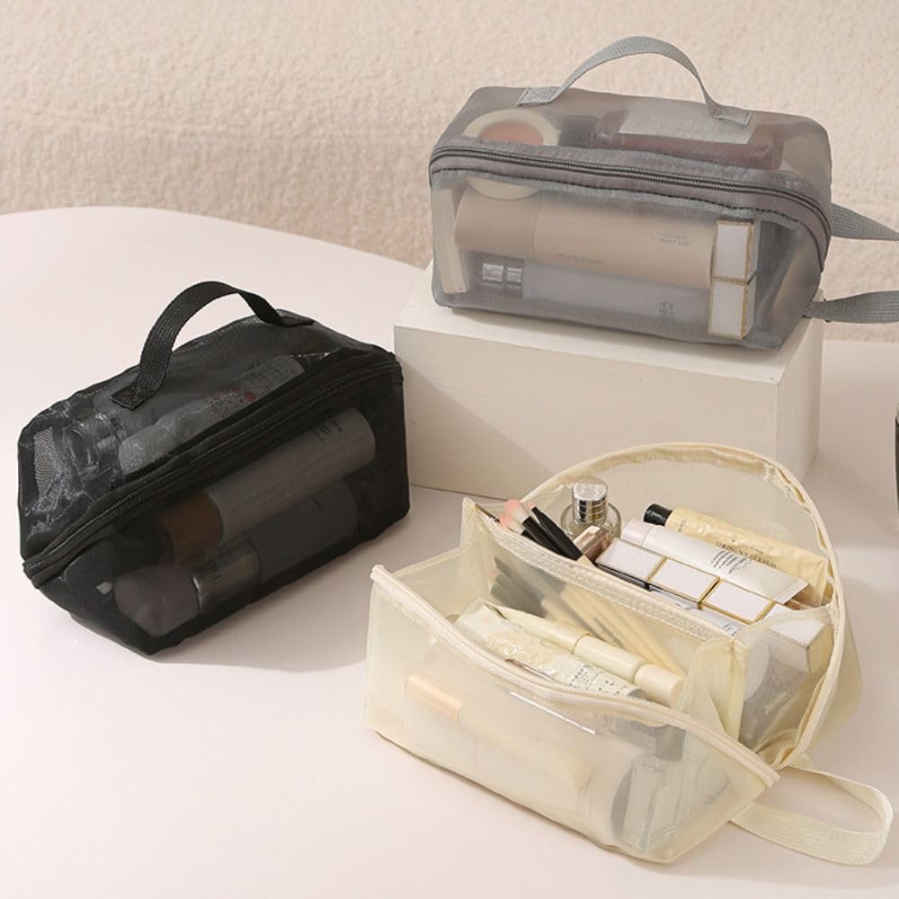 Mesh Cosmetic Bags 1/2/3 Layers Casual Wash Pouch Double-layer Storage Bag Portable Multifunctional(1 Layer Beige)