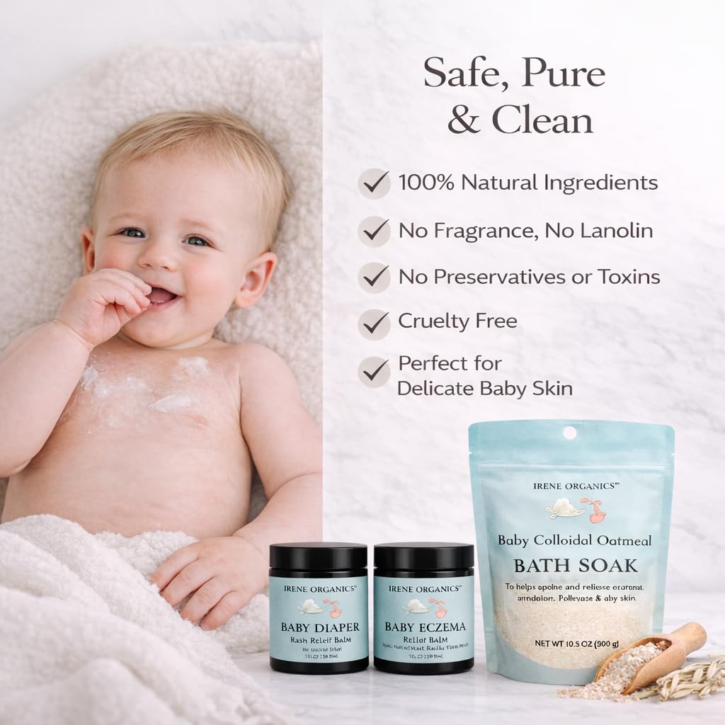 Irene Organics Baby Skincare Complete Routine Bundle – Colloidal Oatmeal Bath Soak, Eczema Relief Balm, Diaper Rash Balm & for Sensitive Skin, Newborns, Infants & Toddlers