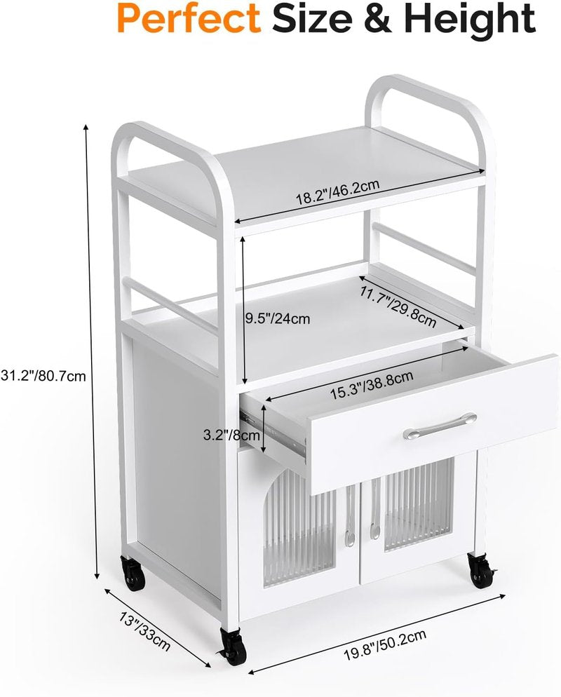 OmySalon Salon Trolley Cart - Mobile Esthetician Storage Station with Drawer & Tray | Lockable Wheels, White