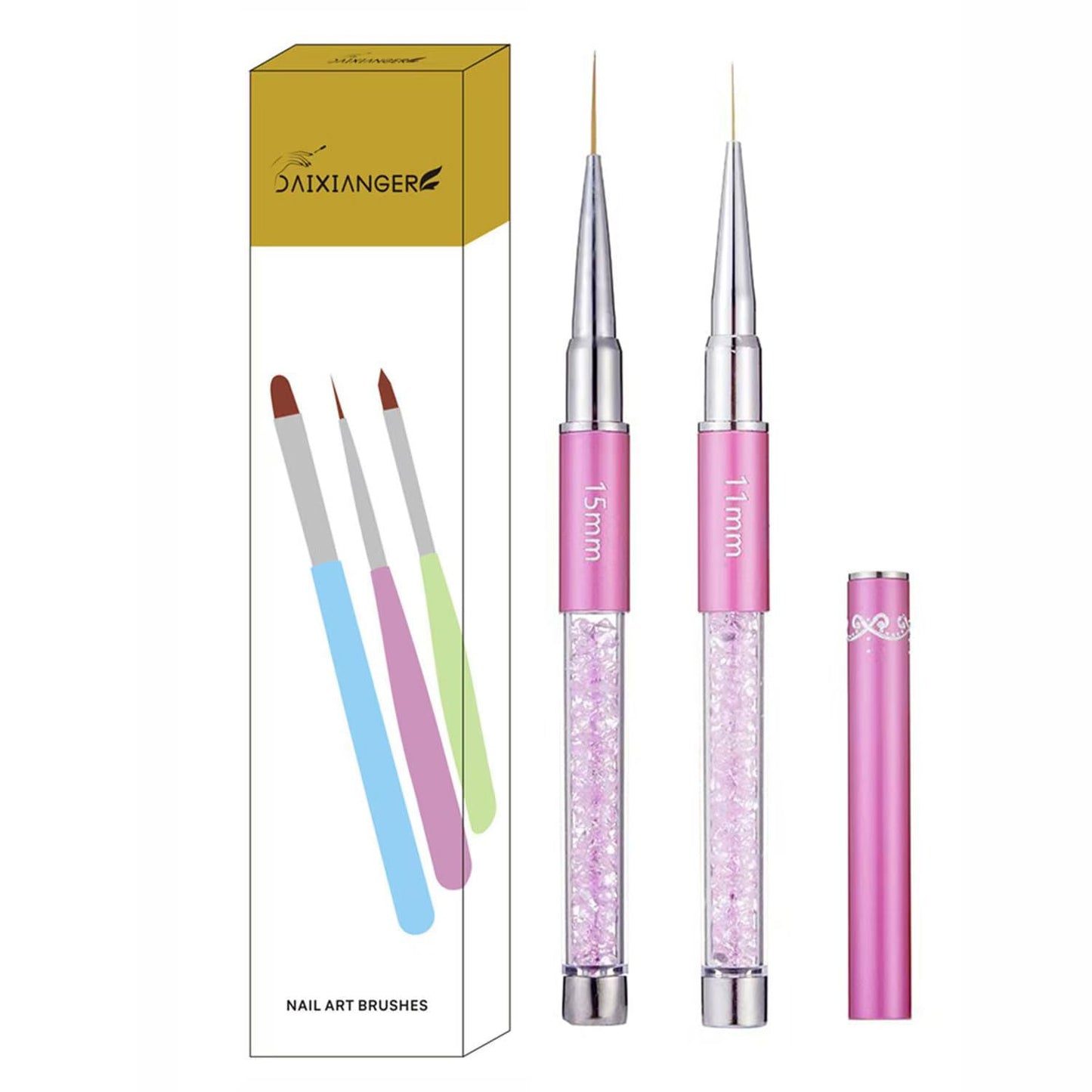 2Pcs Super Fine Nail Art Liner Brush Set, Size 11mm & 15mm Nail Striper Brushes with Purple Crystal Handle, Professional Fine Detail Nail Brushes for Gel Polish French Manicure Intricate Designs