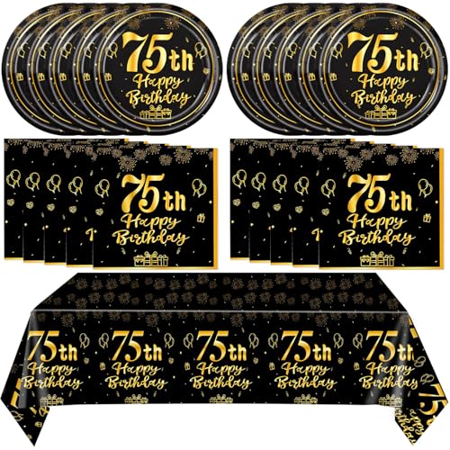 75th Birthday Decorations Kit - Black & Gold Party Supplies (41 Pcs)