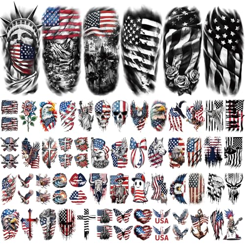 77 Sheets Independence Day Temporary Tattoos, USA Flag Patriotic Waterproof Fake Tattoos, Red White and Blue Party Supplies Tattoo for 4th of July Memorial Day, Veterans Day Tattoos