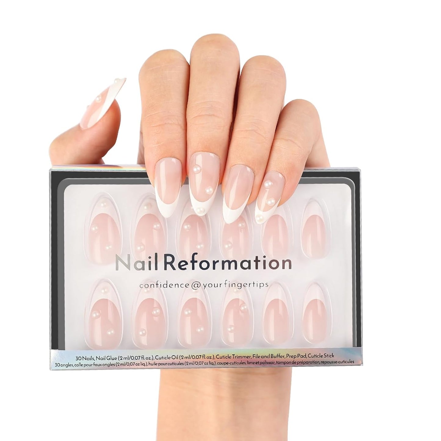 Fleur De Lace Press-On Nails - Short Almond Fake Nails with Lace French Tip & Floral Design | 16 Sizes, Reusable 32 Nail Kit