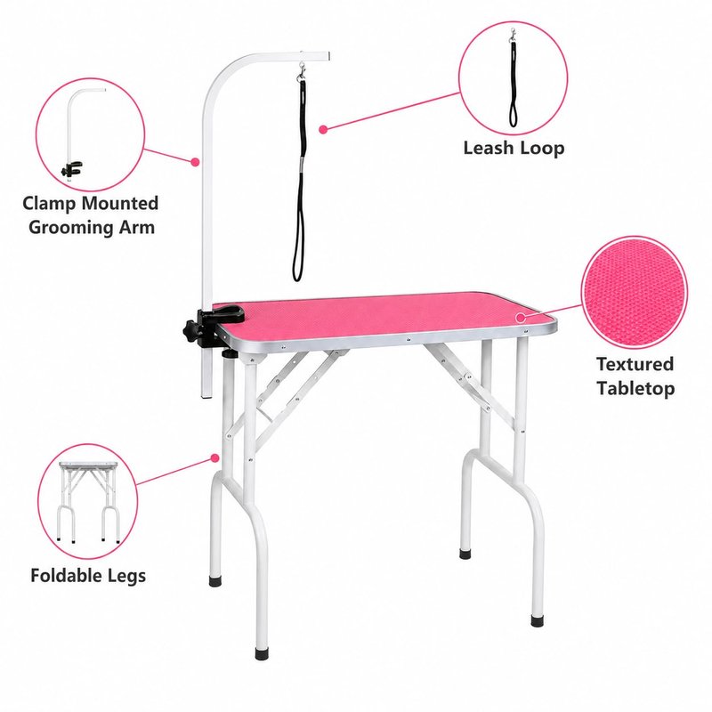 LEIBOU Pet Dog Grooming Table Foldable Grooming Table Heavy Duty Iron Frame with Arm & Noose for Dog Cat Pet Grooming (32'', Pink)