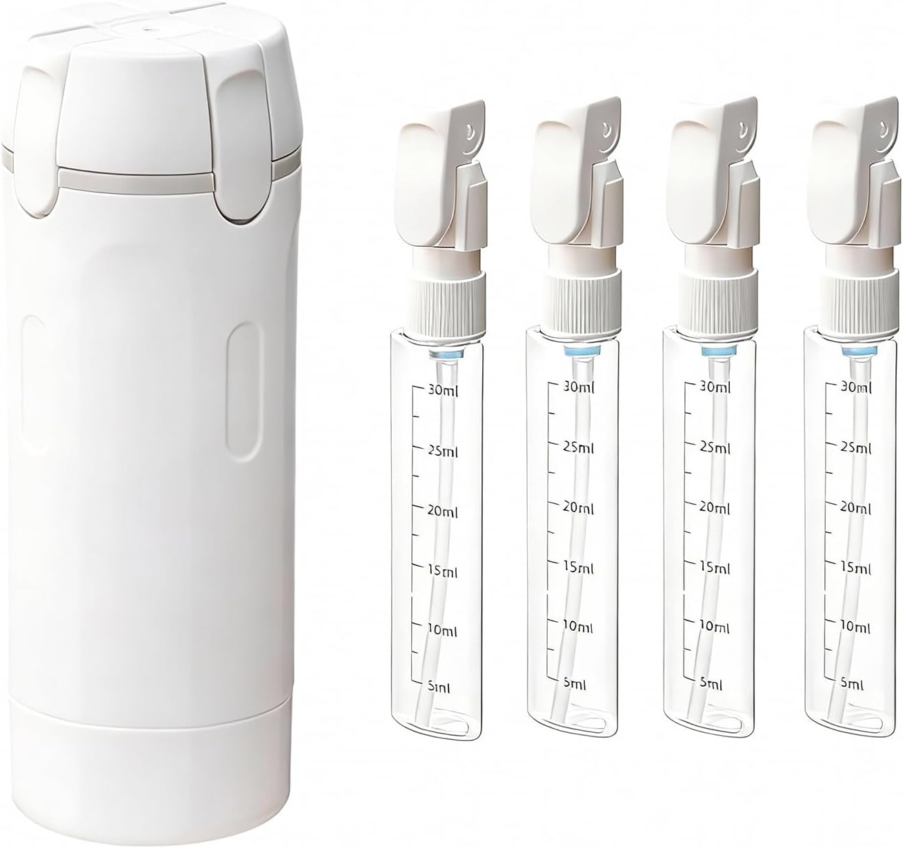 Travel Dispenser Bottle - 4 in 1 Refillable Leak-Proof Toiletry Bottles | Light Green & White, 16.5cm x 5.5cm