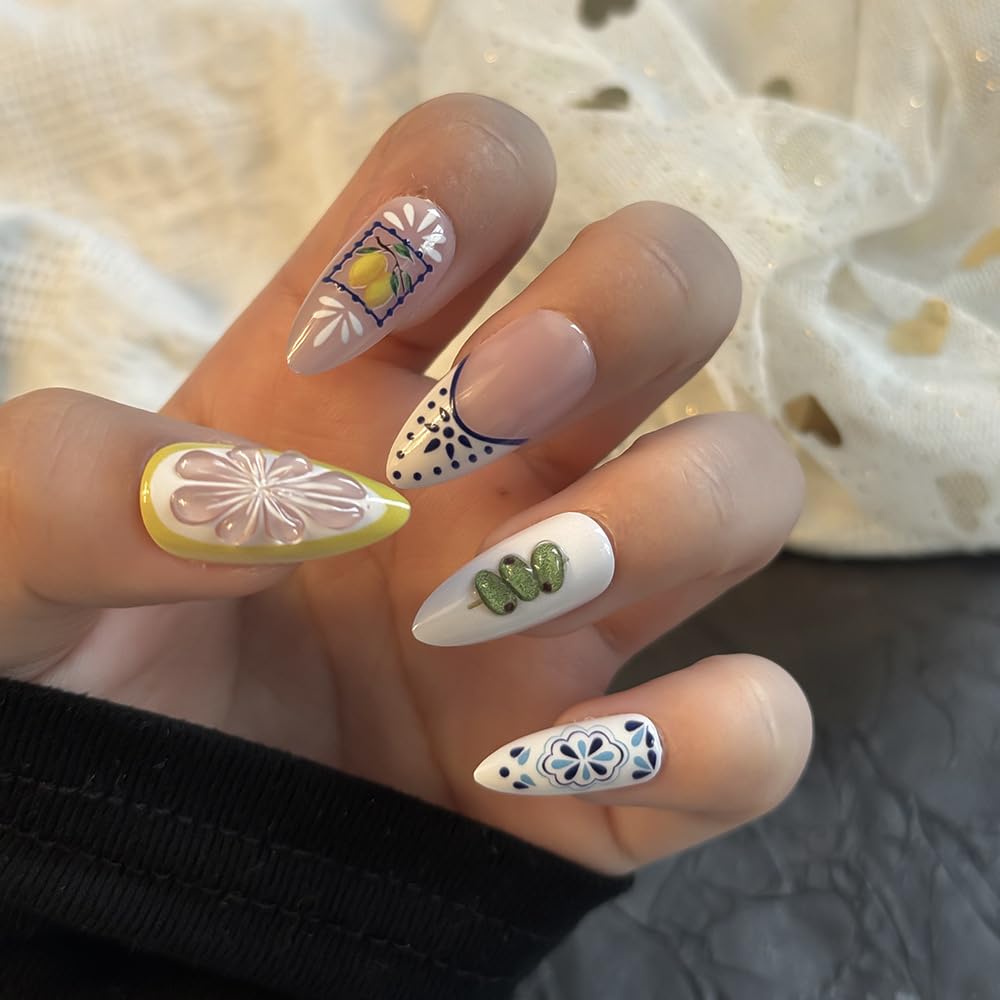 French Tip Press on Nails Almond Medium Fake Nails with 3D Goldfish Lemon Designs Summer Flower Nails Press ons Glossy Glue on Nail White Blue Yellow Acrylic Nail Spring Stick on Nails for Women 24Pcs