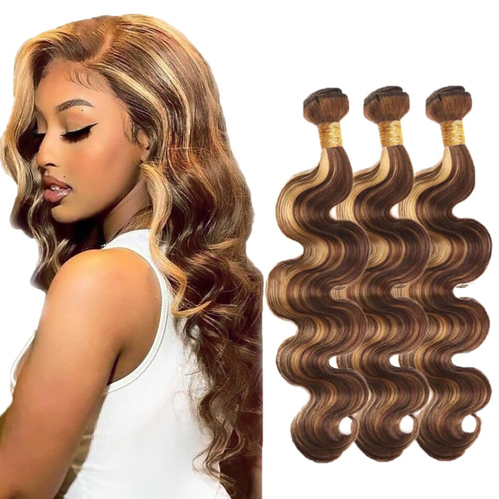 14 16 18 Inch P4/27 Blonde Bundles Human Hair Body Wave 3 Bundles Brazilian Remy Hair 50 Grams/Bundle 10A Grade Highlight Blonde Body Wave Bundle Unprocessed Virgin Hair Weaves Extensions