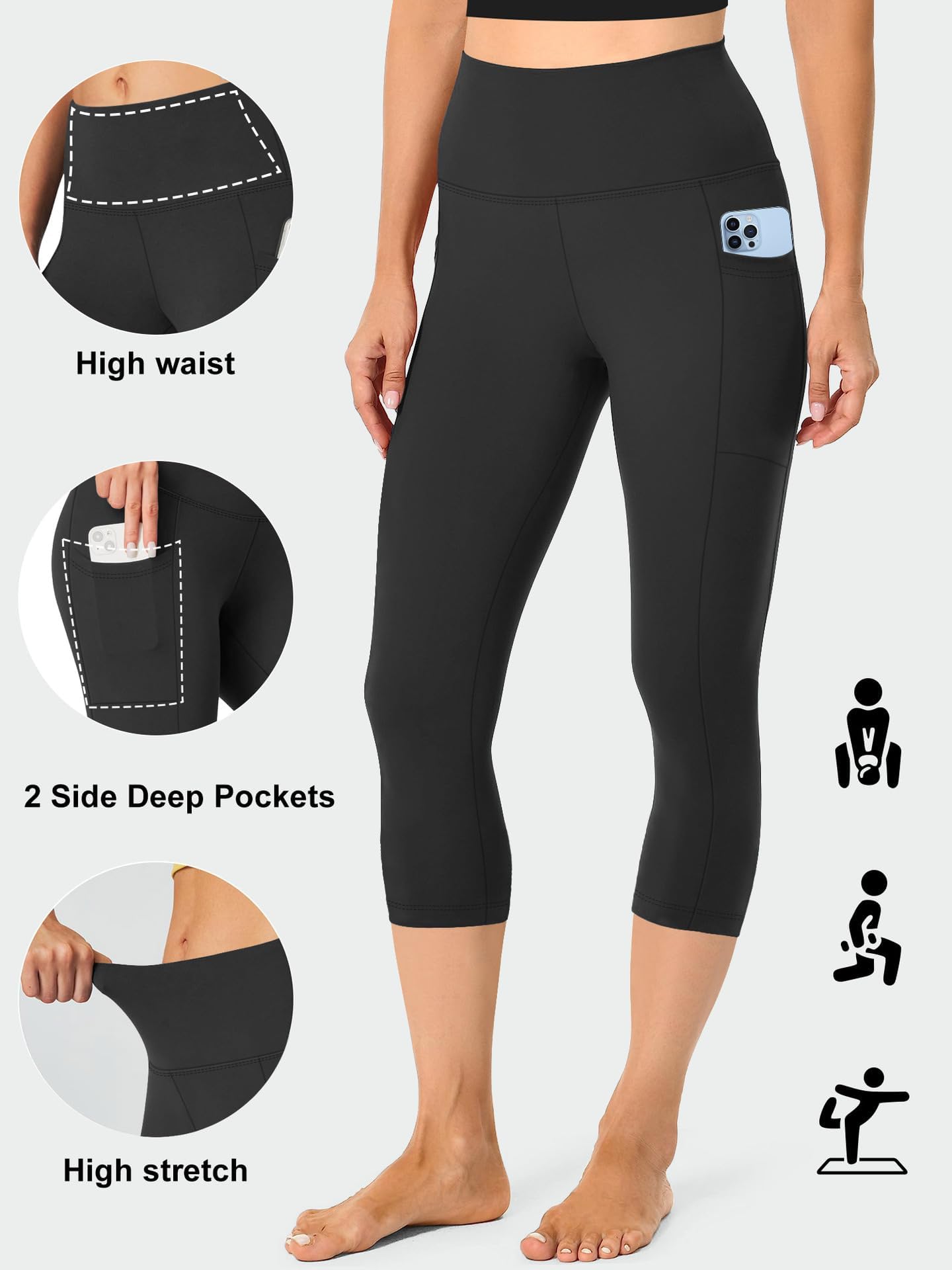 High Waist Yoga Pants Capri Leggings with Pockets, Tummy Control Workout Running Yoga Leggings for Women Black