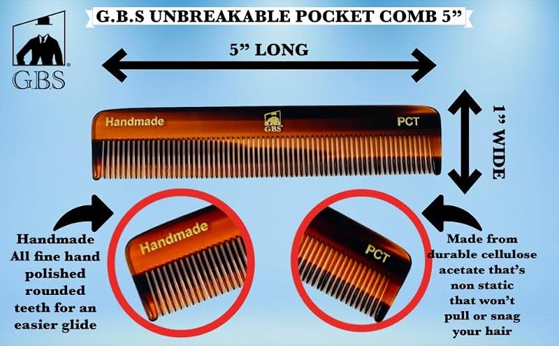 G.B.S 5-Inch Cellulose Acetate Pocket Hair Comb for Men, 3-Pack