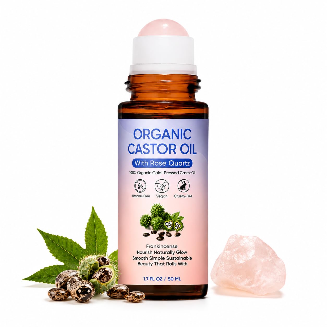 PlocoXe Castor Oil Rose Quartz Roller Ball, 100% Cold Pressed Hexane Free Organic Castor Oil Roll On for Face, Skin, Eyebrows & Eyelashes, Moisturizing Beauty Oil, 1.7 Fl Oz (50mL)