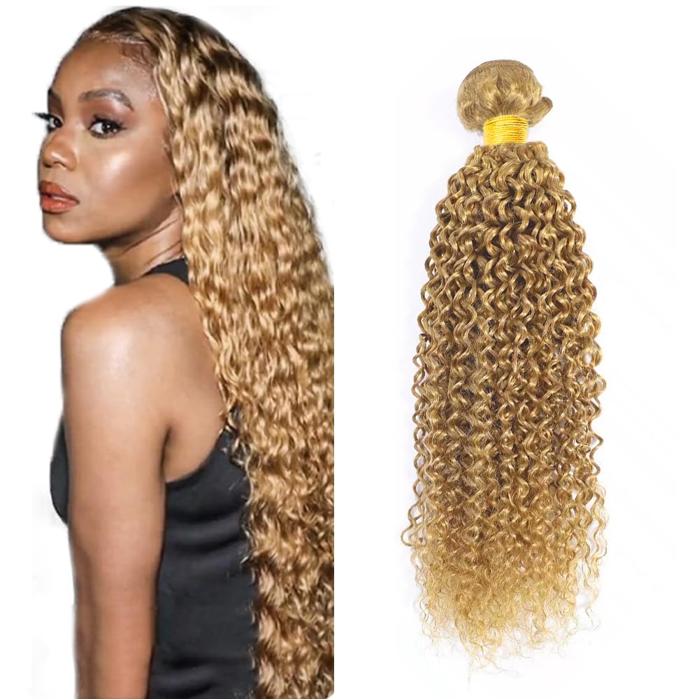 34 Inch AuokMar Color 27 Bundles Human Hair Honey Blonde Kinky Curly 1 Bundle Brazilian Grade 8A Virgin Remy Hair Extensions Double Weft Blonde Bundles
