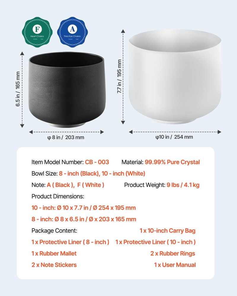 VEVOR Crystal Singing Bowl, 8-inch F Note Heart Chakra Singing Bowl, Frosted Quartz with Rubber Mallet and O-Ring, Perfect for Meditation, Yoga, Sound Baths, Sound Healing