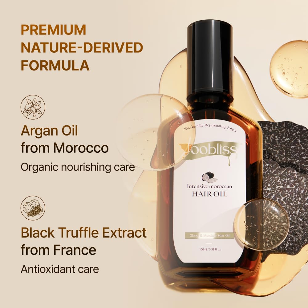 ROOBLISS Intensive Moroccan Hair Oil, Organic Argan Oil with Black Truffle for Shine & Frizz Control, Heat Protectant Hair Serum for Dry & Damaged Hair, Korean Hair Care (3.38 Fl Oz / 100ml)