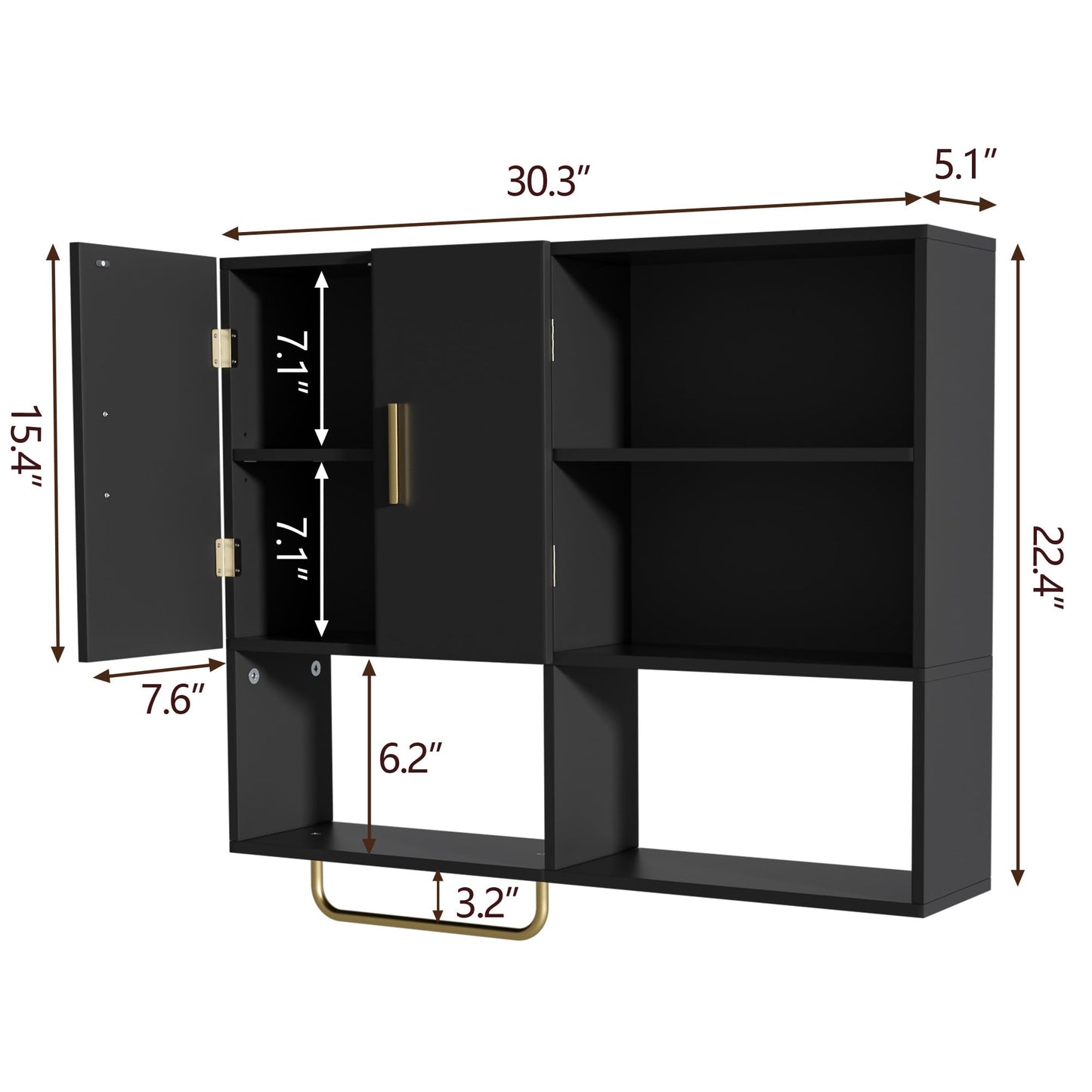 Tltaroni Bathroom Wall Cabinet Wood Large Wall Mounted Medicine Cabinet with 2 Doors and 4 Open Shelves Over Toilet Storage Cabinet Organizer with Towel Bar, Black