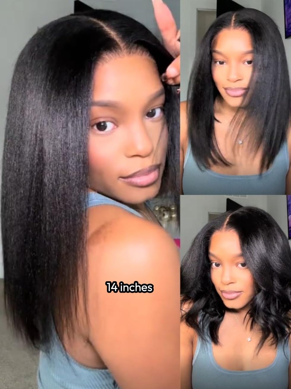 UNICE Yaki Straight Bob Human Hair Drawstring Wig Bye Bye Slip Glueless 7x5 Lace Front Wigs Human Hair Pre Plucked Pre Cut Bleached Knots Pre Everything Put On and Go Wig 12 inch