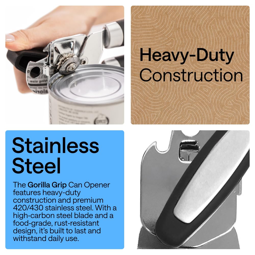 GORILLA GRIP Heavy Duty Stainless Steel Smooth Edge Manual Can Opener and Bottle Openers, US Designed, Comfortable Handle, Oversized Handheld Turn Knob, Multifunctional Kitchen Tool, Black