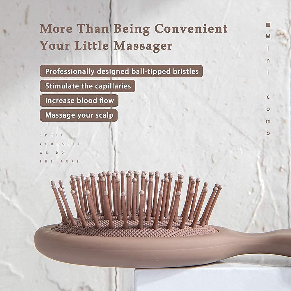 Mini Hair Brush for Women, Men & Kids - Travel Size Cushion Paddle Brush with Soft Bristles | Mocha Color