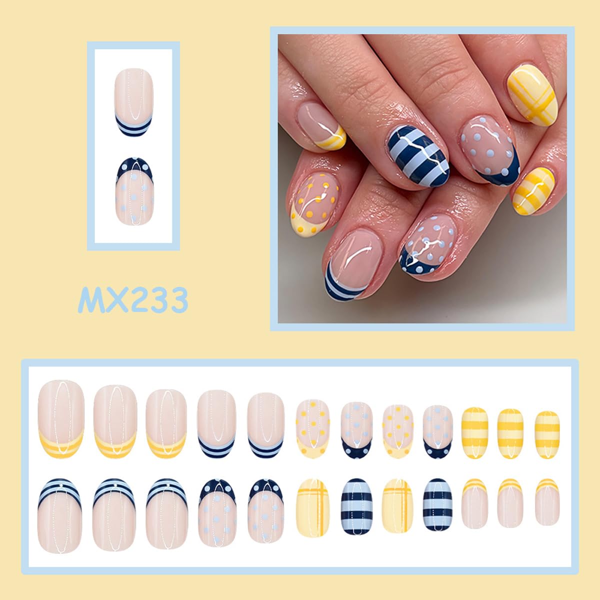 Polka Dot Press on Nails French Tip Fake Nails Medium Oval Glue on Nail with Designs Stripes, Checkered & Summer, Glossy Blue Yellow False Nail Full Cover Stick on Nails for Women Manicure 24Pcs