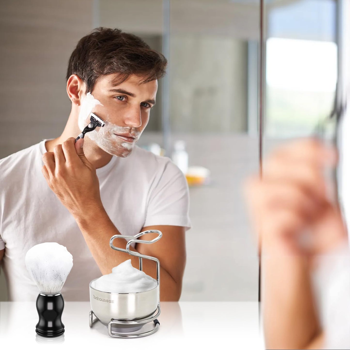 Tonhawness Shaving Brush Kit for Men, 3 in 1 Shave Brush Set Includes Nylon Bristle Shaving Brushes, 3 Layers Stainless Steel Shaving Bowl and Stand Holder Kit for Wet Shave Gift