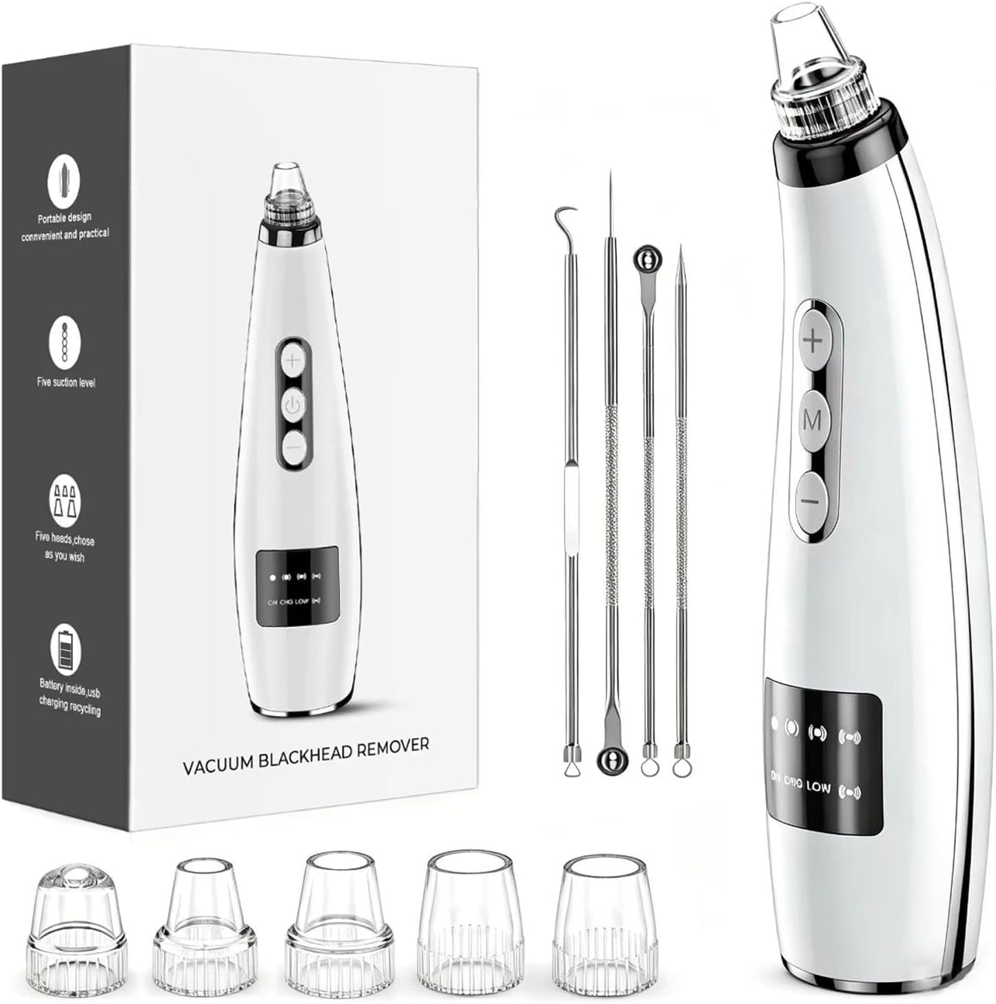 Blackhead Remover Pore Vacuum, Blackhead Vacuum, Facial Pore Cleaner with 5 Adjustable Suction Levels, 5 Probes, USB Rechargeable Pore Cleaner, Electric Comedone Whitehead Extractor Tools