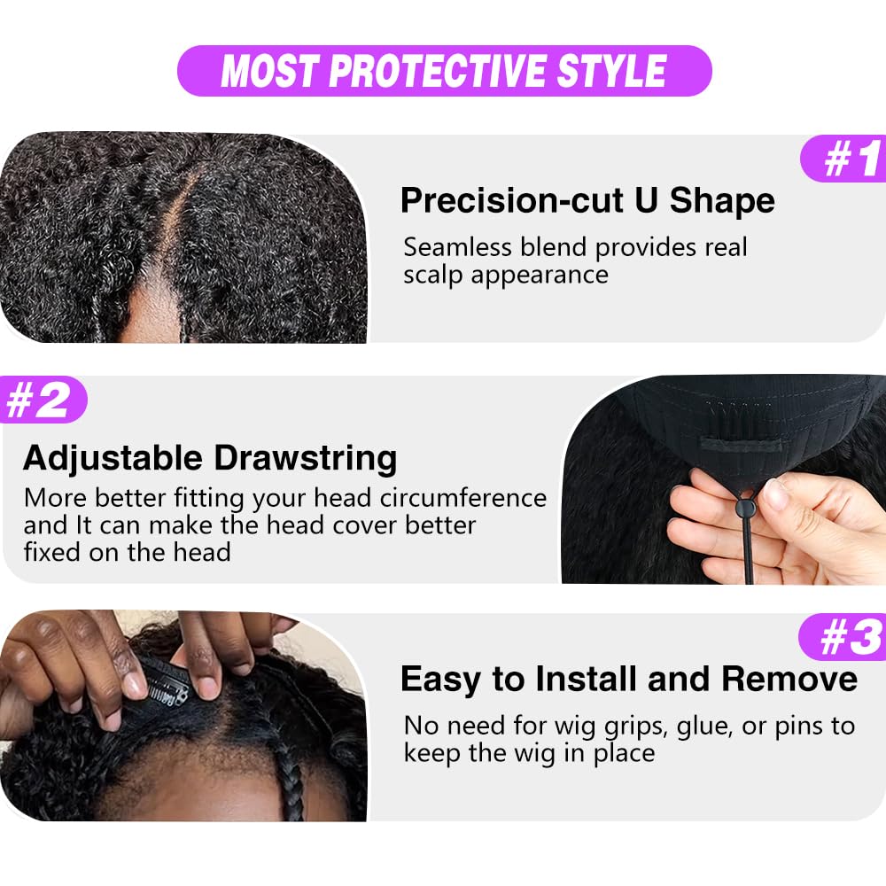 Kinky Straight U Part Wig - 20 Inch Human Hair for Black Women | Glueless, Natural Hairline, 220% Density
