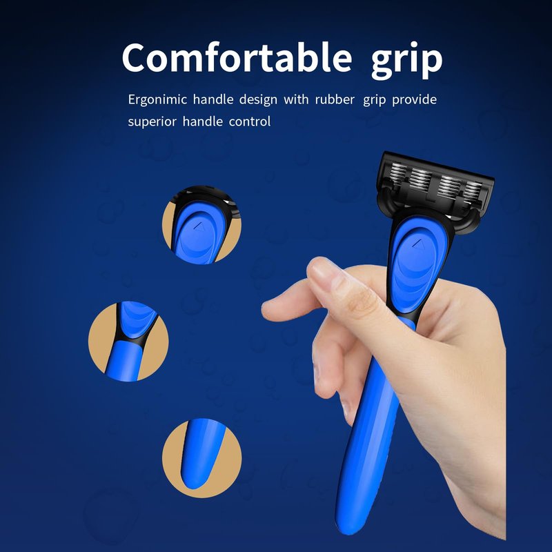 6-Blade Razor,Plastic Anti-slip Men Manual Refill Cartridges razors, 1 handle and 8 refill razor cartridges, Reusable Face Cleansing Care Tool, Shave Supplies for Men and Women - Black