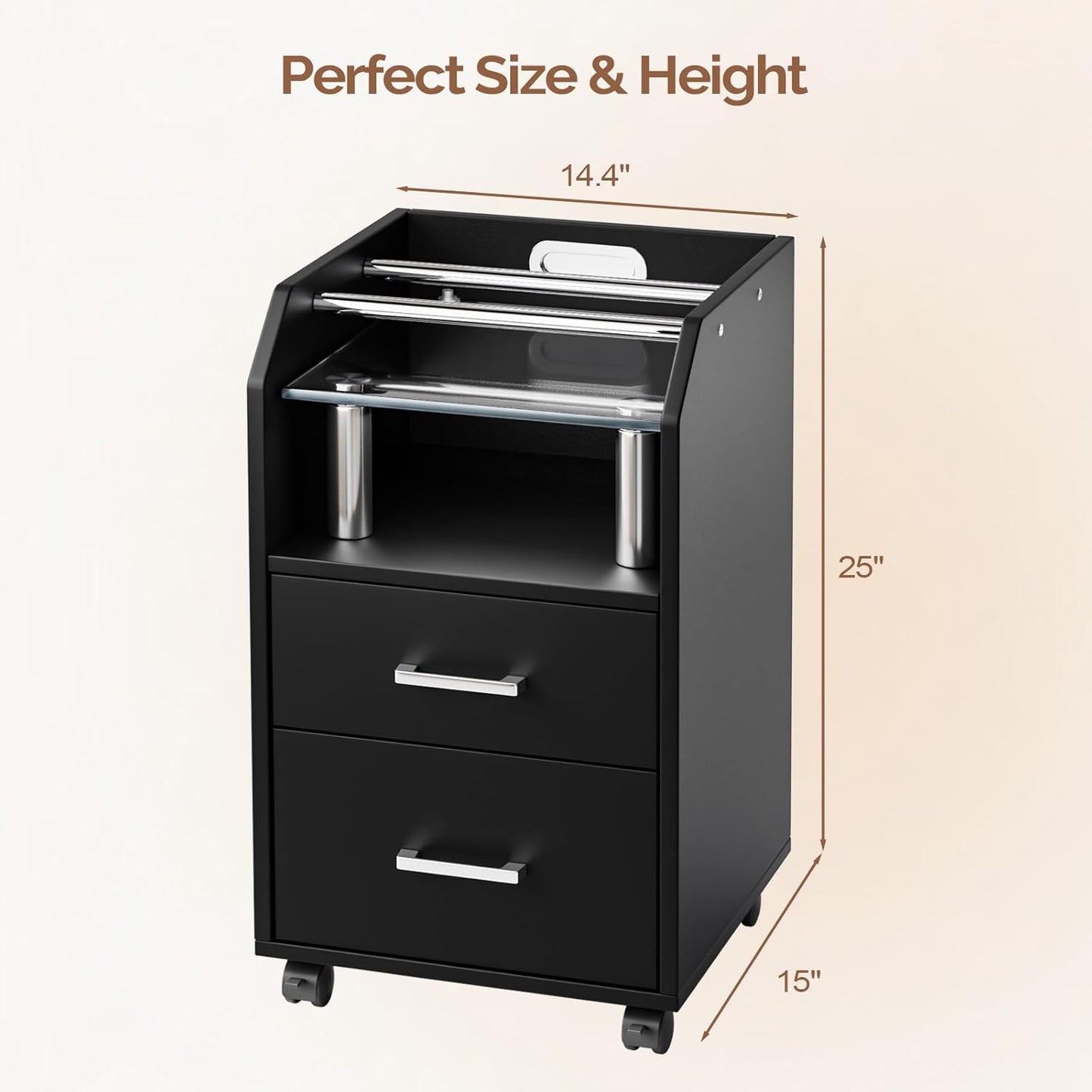Pedicure Cart - Portable Foot Bath Trolley with Storage Drawer & Bottle Racks | Black Salon Station for Estheticians